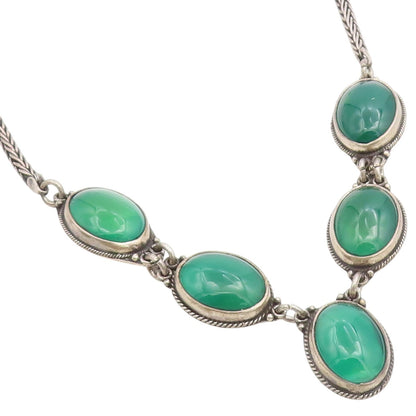 925 Sterling Silver Vintage Necklace Green Chalcedony Statement Chain  NE4911