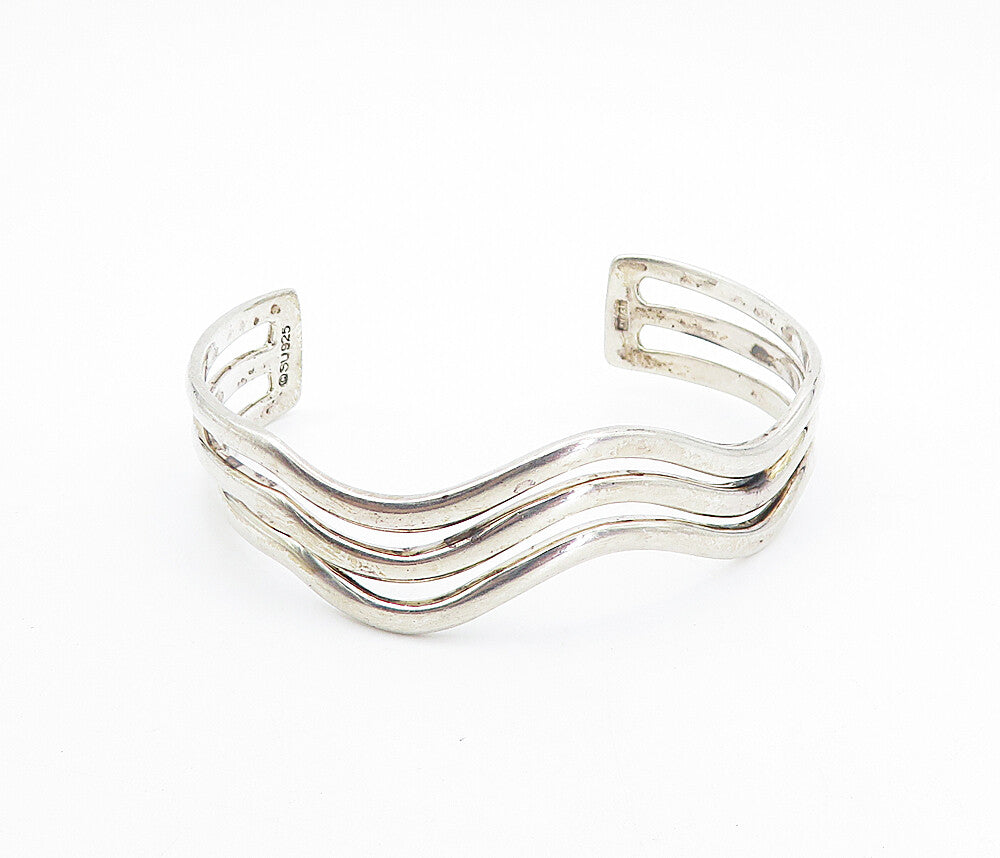 MEXICO 925 Sterling Silver  Vintage Shiny Wavy Split Cuff Bracelet  BT3551