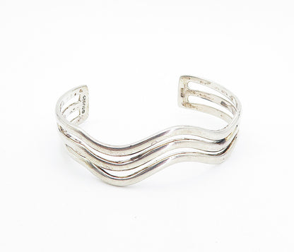 MEXICO 925 Sterling Silver  Vintage Shiny Wavy Split Cuff Bracelet  BT3551