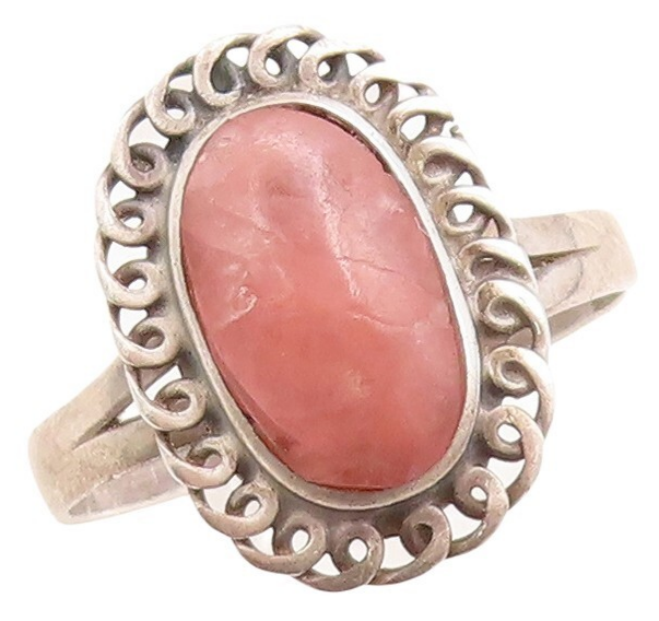 925 Sterling Silver Vintage Ring Swirly Loop Border Gemstone  Sz 7.5  RG31475