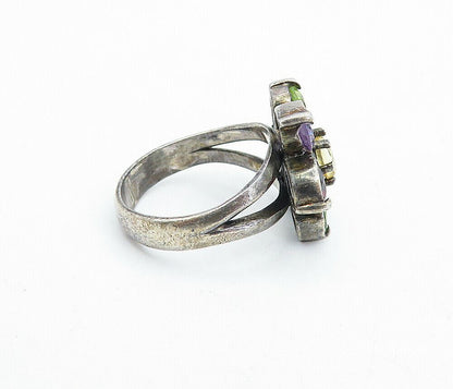 925 Silver  Vintage Peridot Amethyst Citrine & Garnet Ring Sz 7.5  RG5175