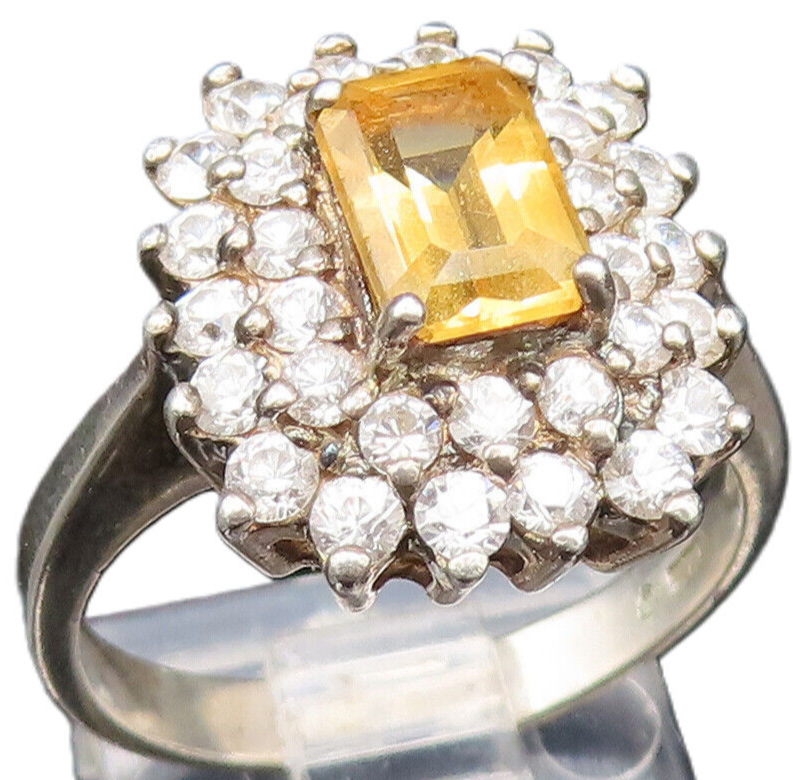 925 Sterling Silver  Vintage Citrine & Cubic Zirconia Halo Ring Sz 7  RG25641