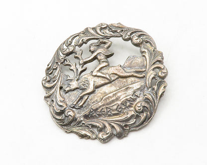 NORSK TINN 925 Silver  Vintage Dark Tone Man Riding Reindeer Brooch Pin BP5016