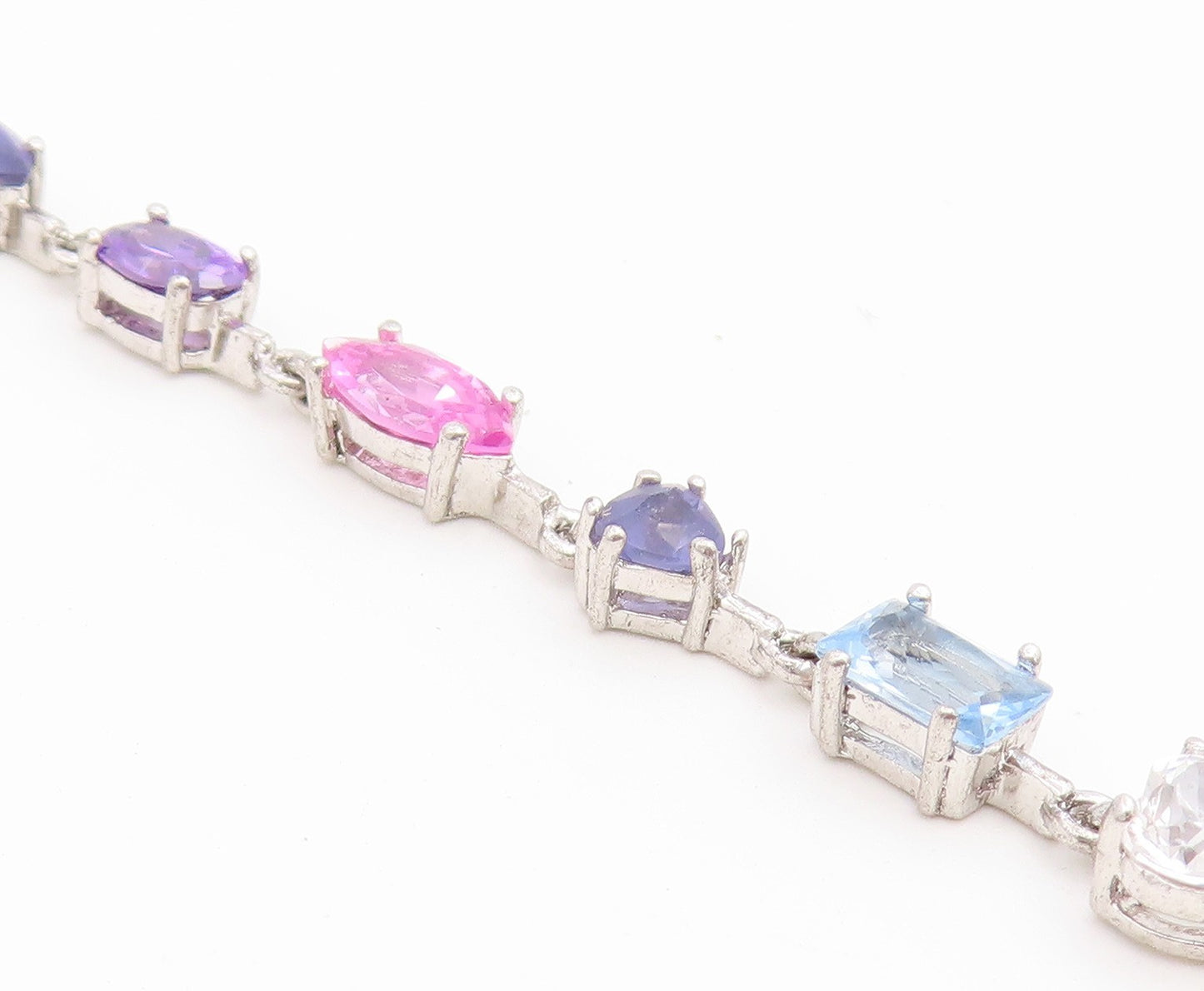 925 Sterling Silver Vintage Necklace Multi Gemstone Tennis Link Chain  NE4899