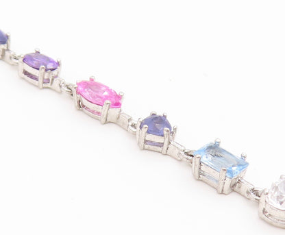 925 Sterling Silver Vintage Necklace Multi Gemstone Tennis Link Chain  NE4899