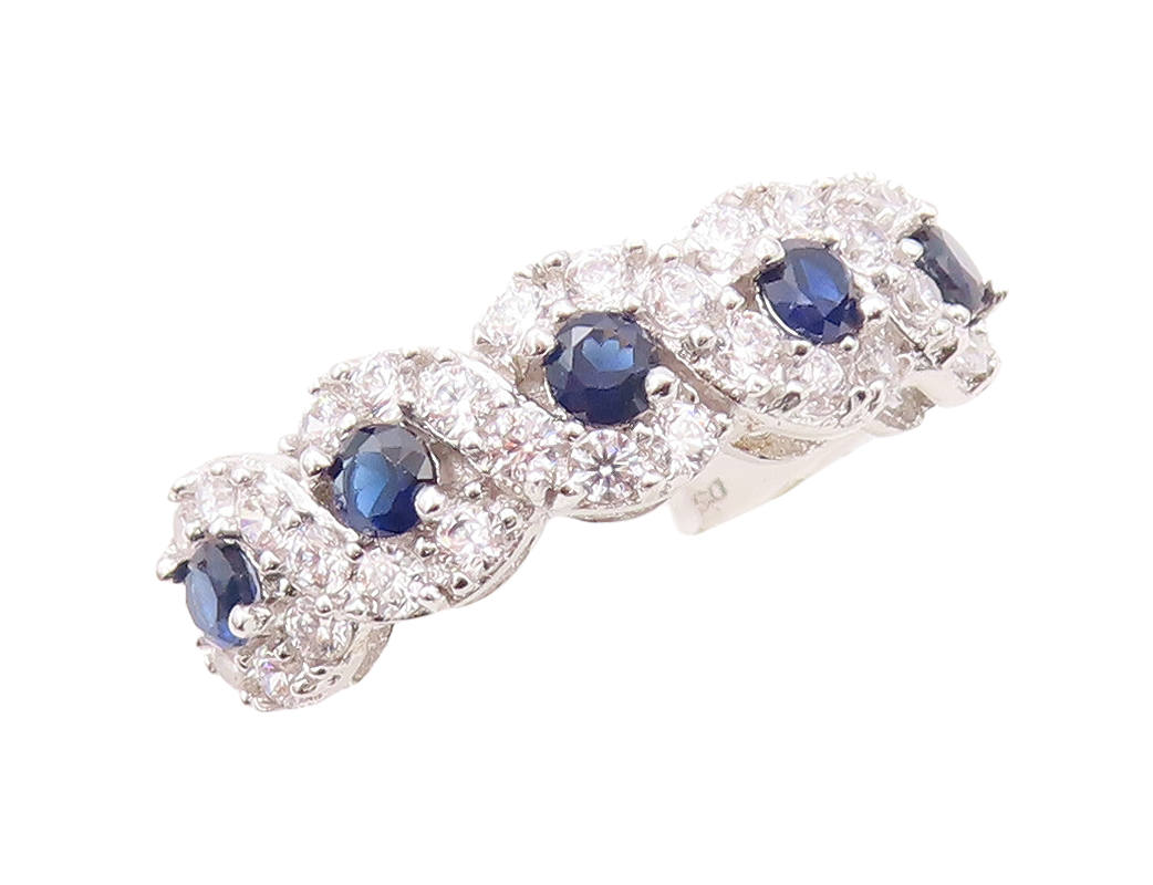 925 Sterling Silver Vintage Ring Sapphire & CZ Flower Band  Sz 7  RG30941