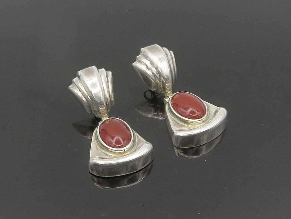 MEXICO 925 Silver  Vintage Cabochon Cut Carnelian Triangle Earrings  EG11668