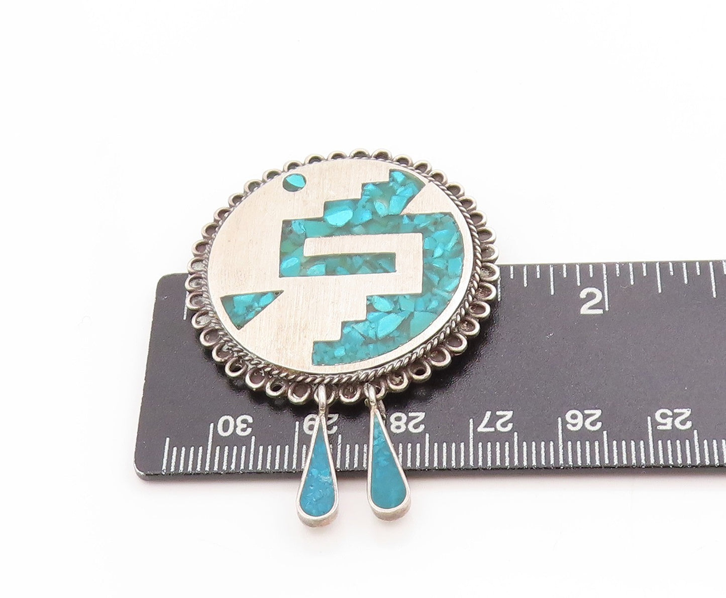 925 Sterling Silver Vintage Brooch MEXICO Aztec Crushed Turquoise Inlay  BP11858