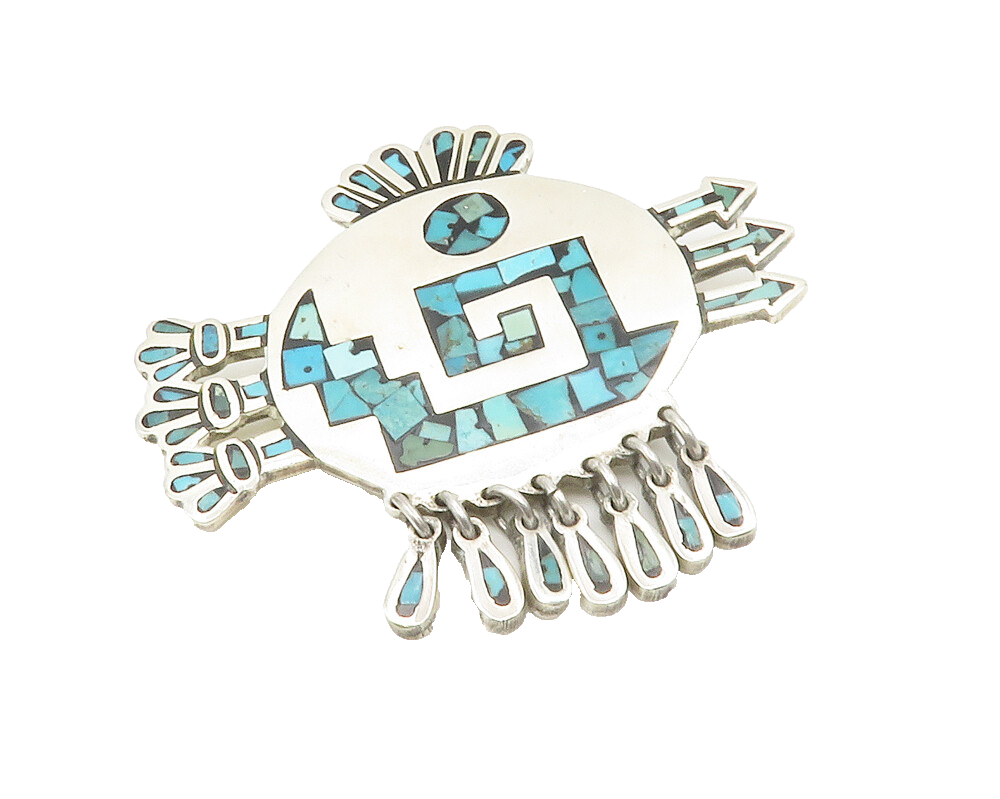 MEXICO 925 Sterling Silver  Vintage Turquoise Mosaic Pattern Brooch Pin BP5343