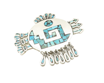 MEXICO 925 Sterling Silver  Vintage Turquoise Mosaic Pattern Brooch Pin BP5343