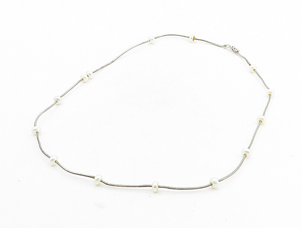 925 Sterling Silver  Vintage Petite Pearls Beaded Snake Chain Necklace  NE1713