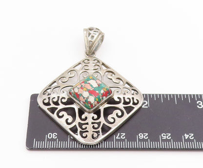 925 Sterling Silver Vintage Pendant Gemstone Classic Openwork Square  PT26118