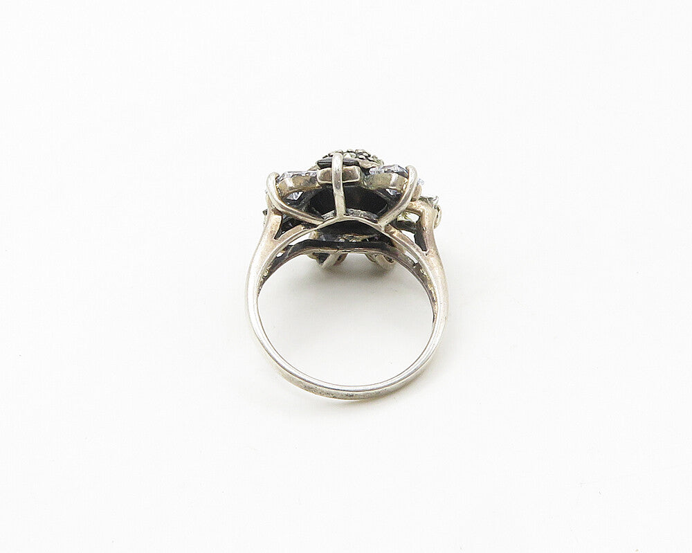 925 Silver  Vintage Cubic Zirconia & Hematite Cocktail Ring Sz 6  RG18027