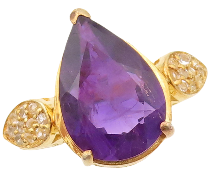 925 Sterling Silver Vintage Ring Gold Plated Drop Cut Amethyst & CZ Sz 8 RG30339
