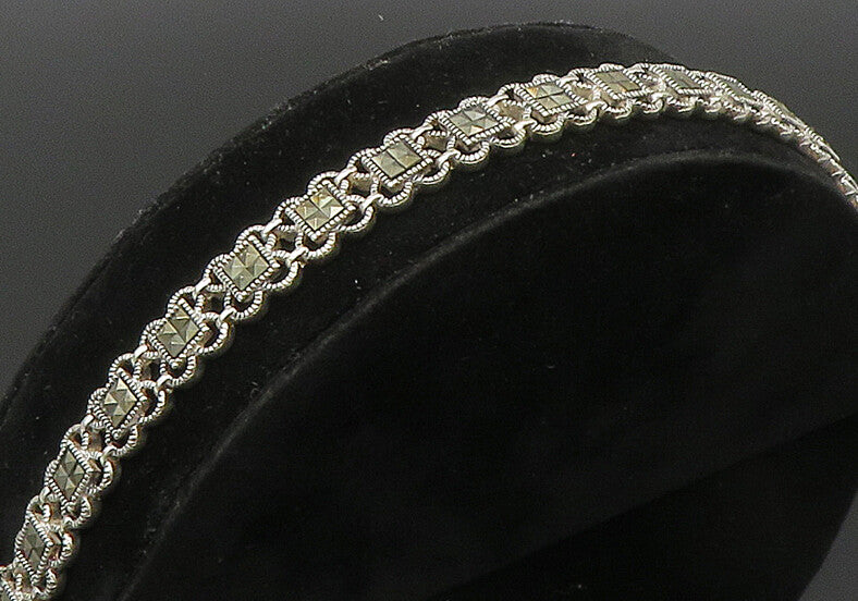 925 Sterling Silver  Marcasite Linked Floral Tennis Bracelet  BT1012