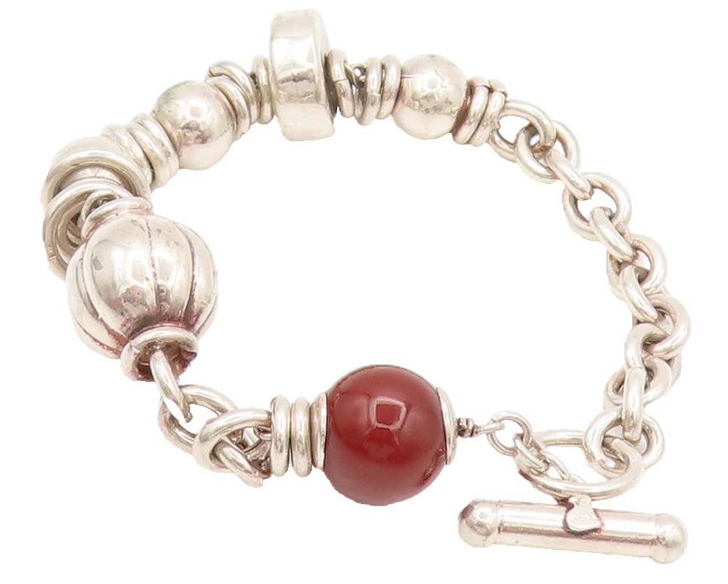 925 Sterling Silver  Vintage Beaded Link Carnelian Toggle Lock Bracelet BT9999