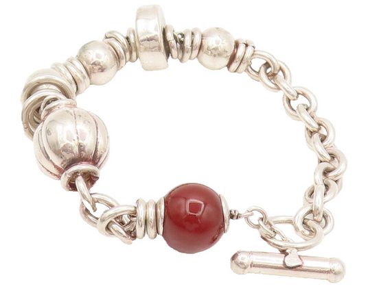 925 Sterling Silver  Vintage Beaded Link Carnelian Toggle Lock Bracelet BT9999