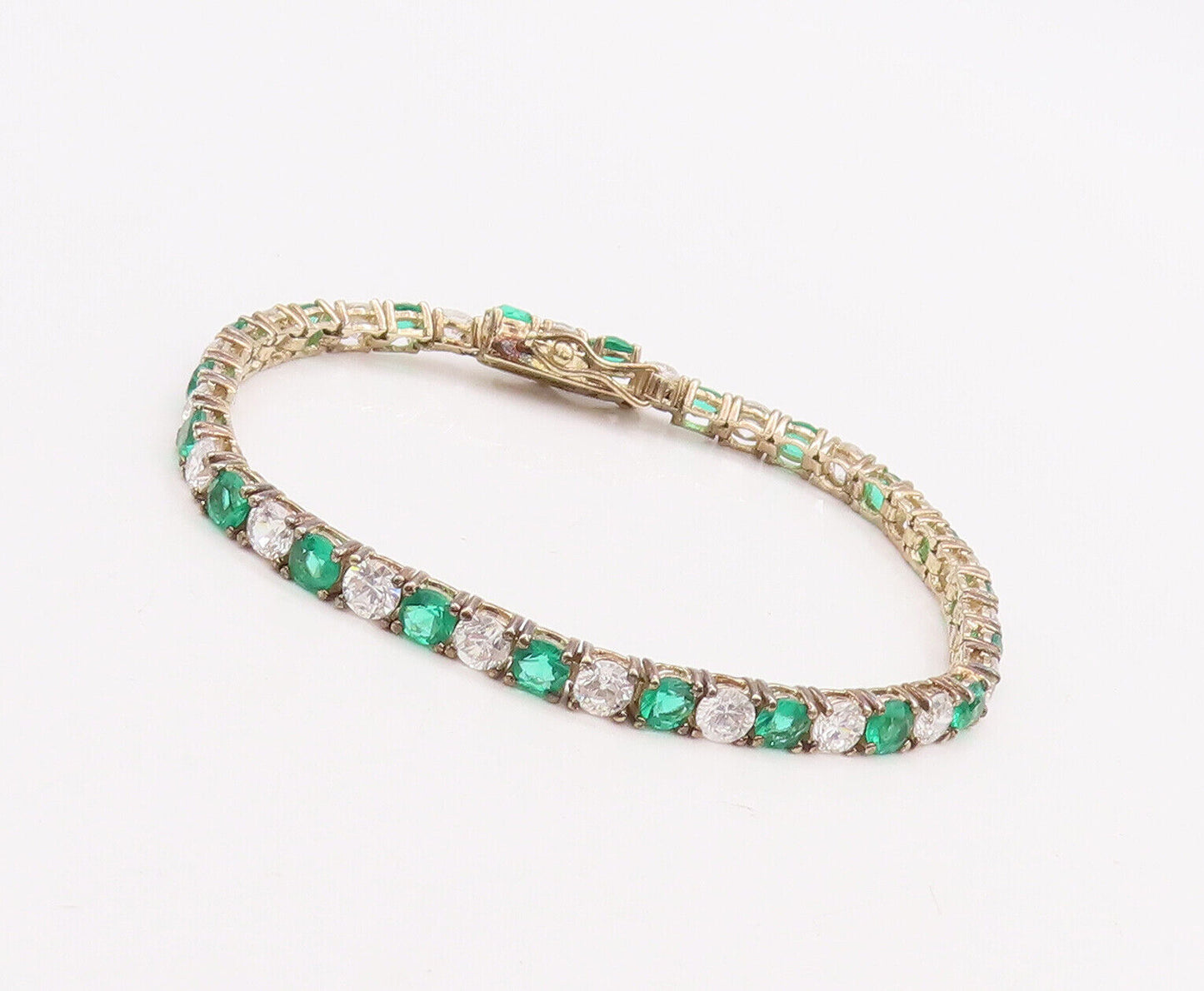 925 Sterling Silver Vintage Bracelet Gold Plated Round Green White Topaz BT10621