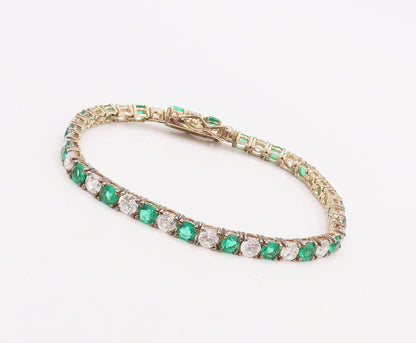 925 Sterling Silver Vintage Bracelet Gold Plated Round Green White Topaz BT10621
