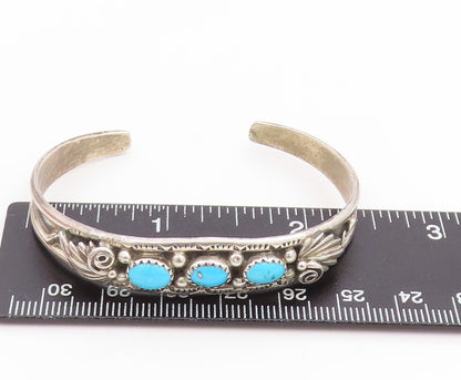925 Sterling Silver Vintage Bracelet NAVAJO ZUNI Three Stone Turquoise  BT11779