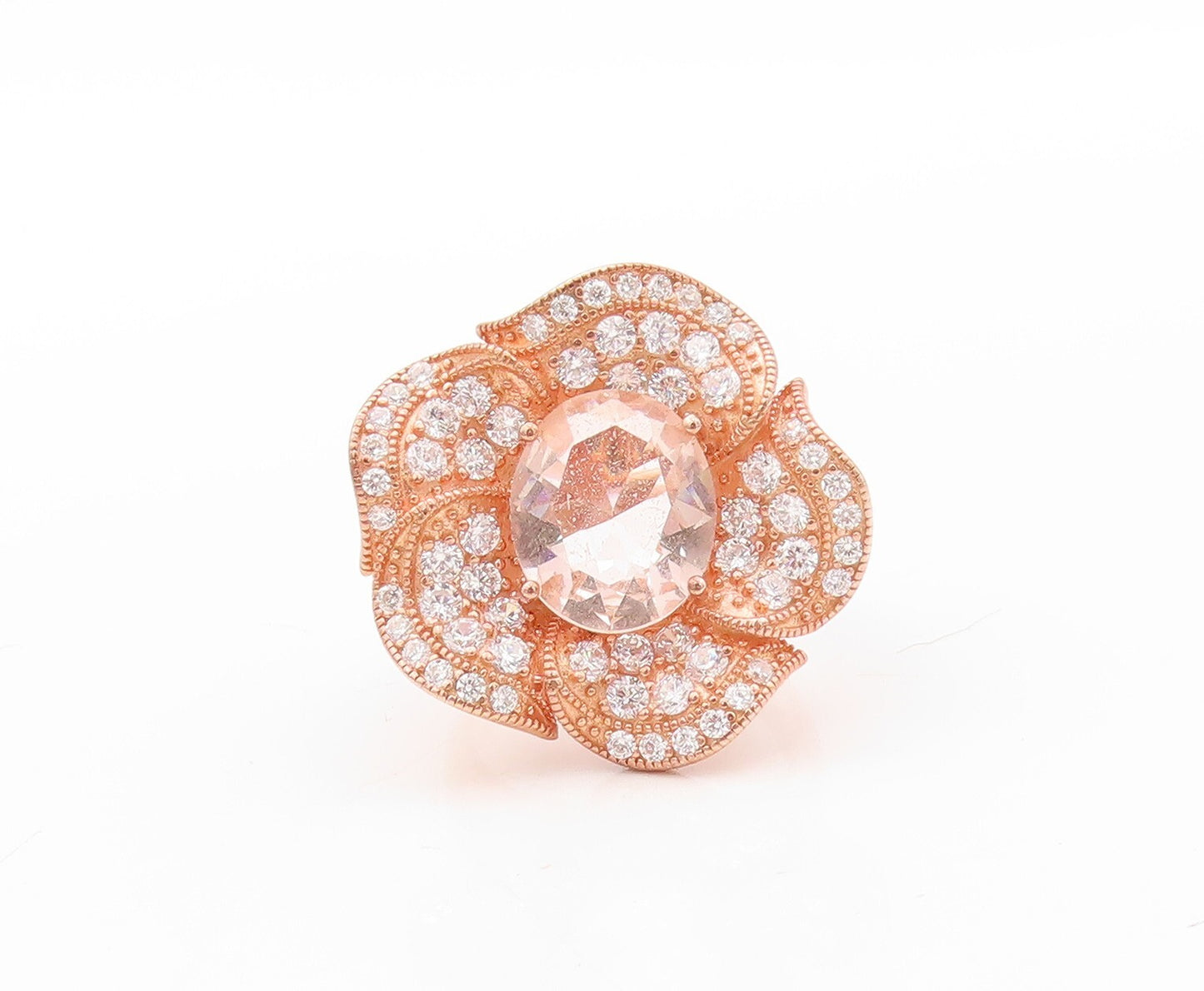 925 Sterling Silver Vintage Ring Rose Gold Plated CZ Inlay Flower  Sz 7  RG30684