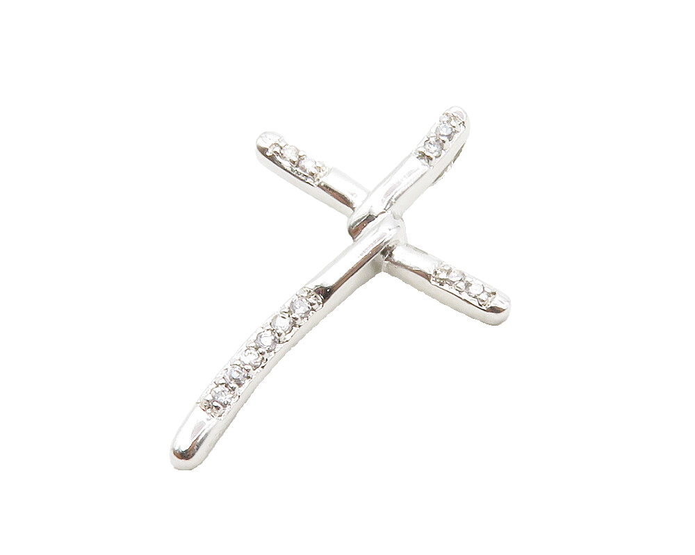 925 Sterling Silver  Shiny Petite White Topaz Religious Cross Pendant  PT10436