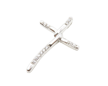 925 Sterling Silver  Shiny Petite White Topaz Religious Cross Pendant  PT10436