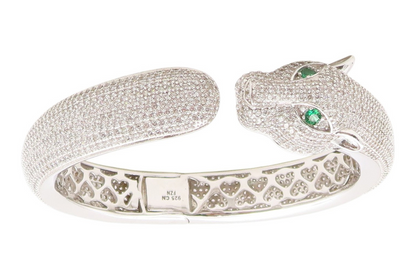925 Sterling Silver Vintage Bracelet CZ Cluster Panther Head Bangle  BT11987