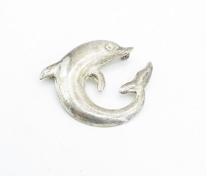 925 Sterling Silver  Vintage Smooth Dark Tone Dolphin Motif Brooch Pin  BP2247