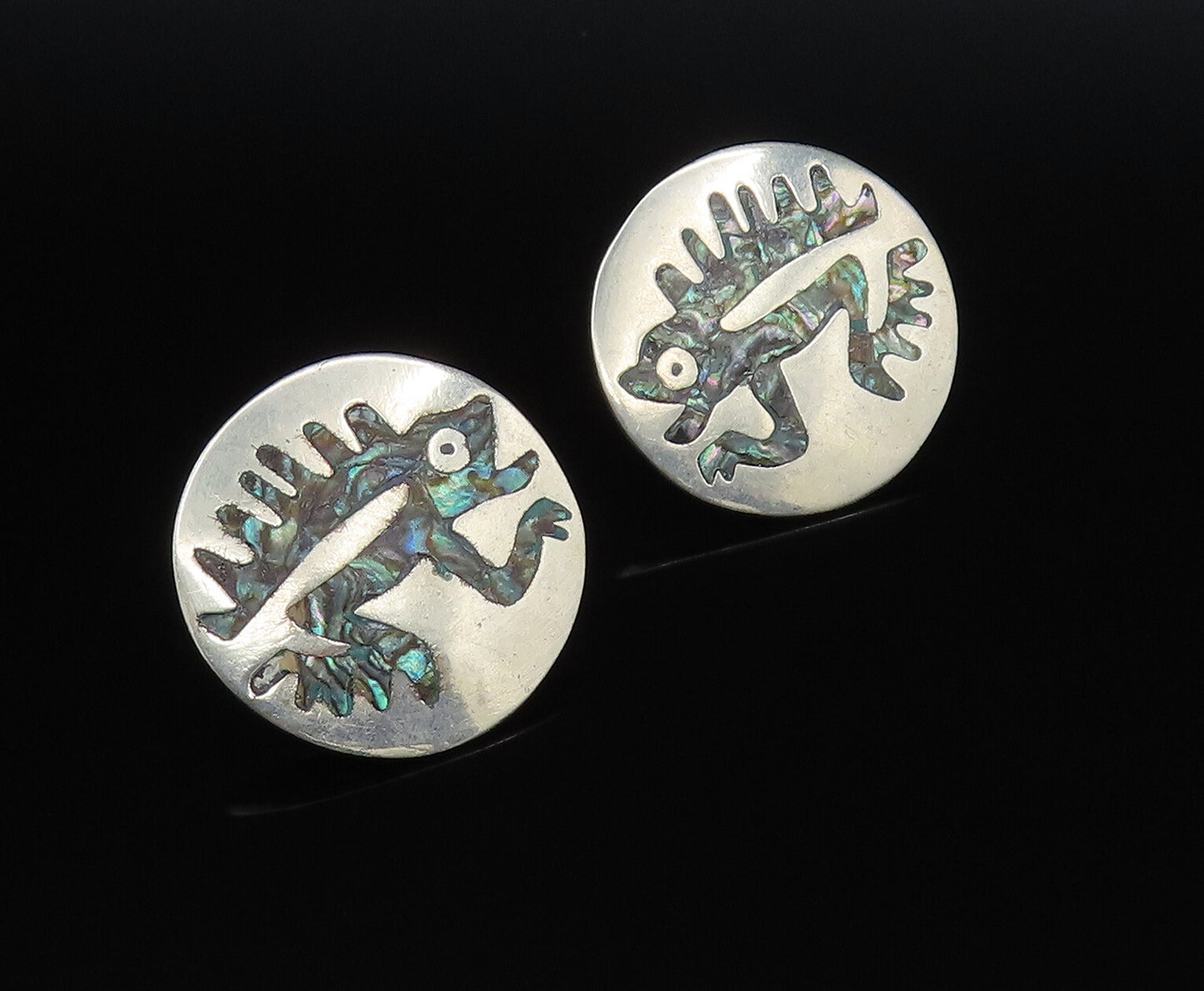 MEXICO 925 Silver  Vintage Inlaid Abalone Reptile Screw Back Earrings  EG12144