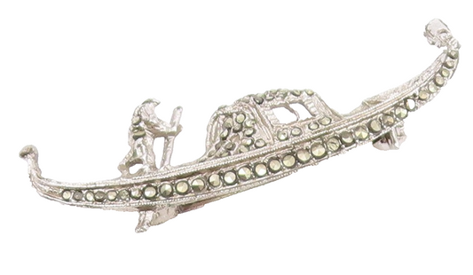925 Sterling Silver  Vintage Sparkling Marcasite Gondola Brooch Pin  BP8297