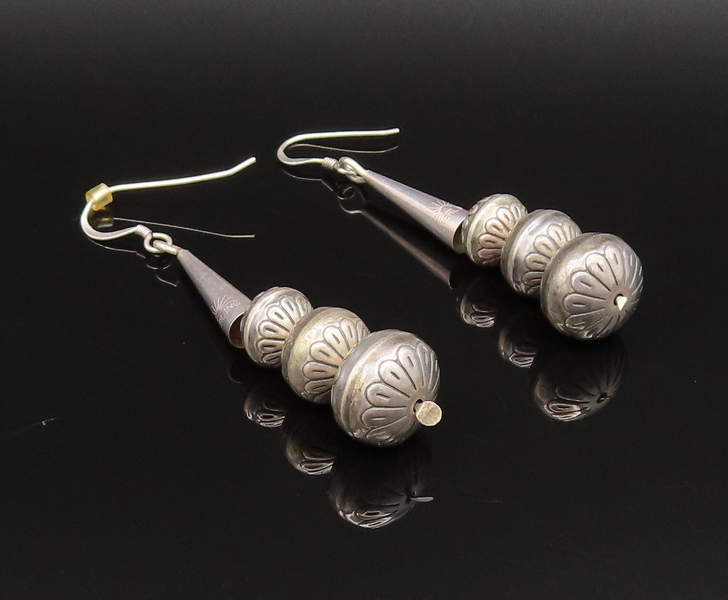 SOUTHWESTERN 925 Silver Vintage Etched Floral Spheres & Cone Earrings EG12035