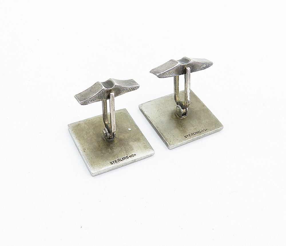 925 Sterling Silver  Vintage Blue Enamel Design Bullet Back Cuff Links  TR1253
