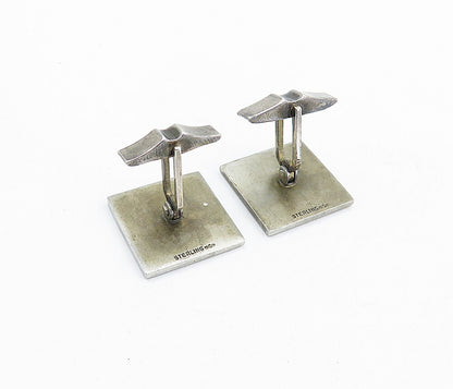 925 Sterling Silver  Vintage Blue Enamel Design Bullet Back Cuff Links  TR1253