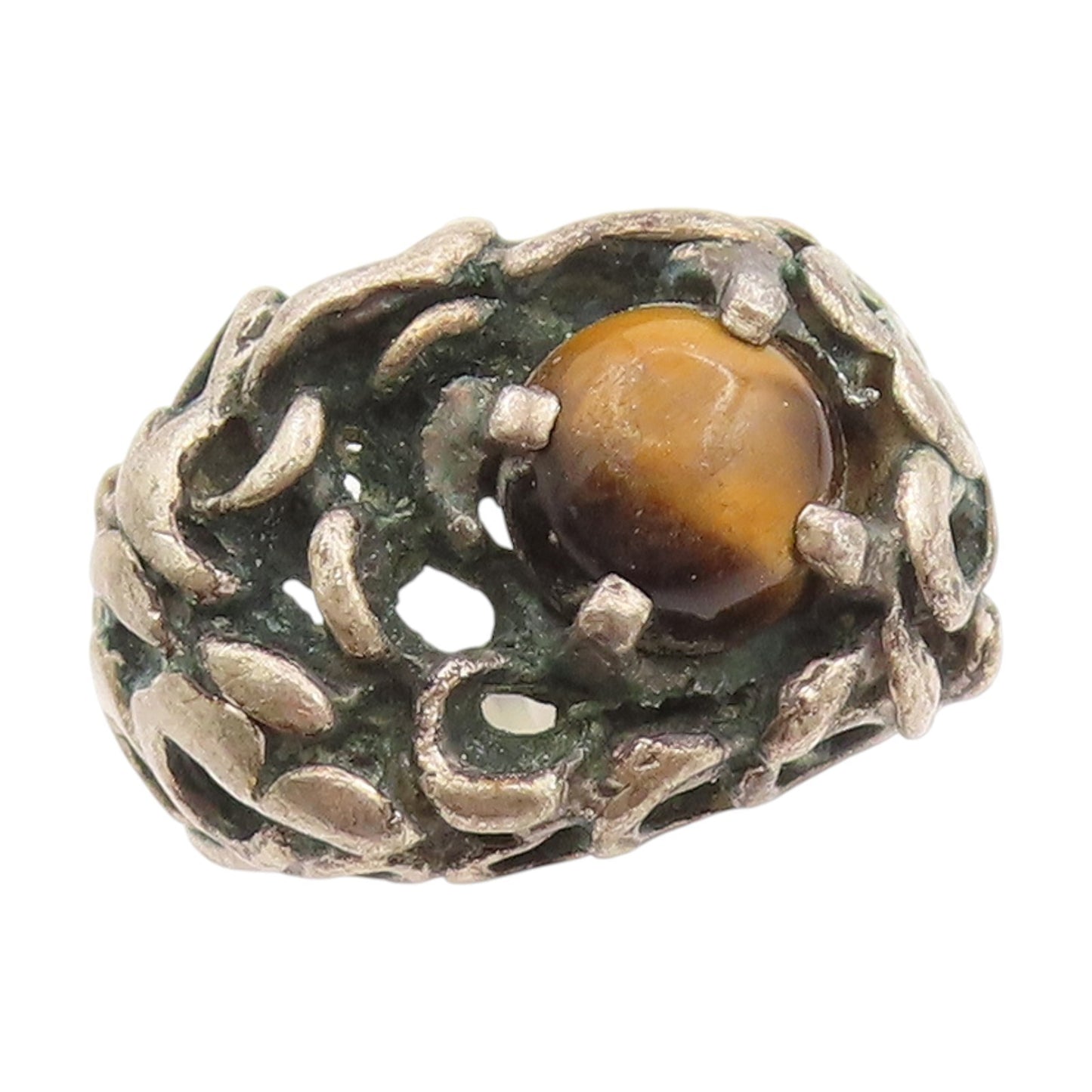 925 Sterling Silver Vintage Ring Round Tiger's Eye Brutalist Band  Sz 6  RG34033