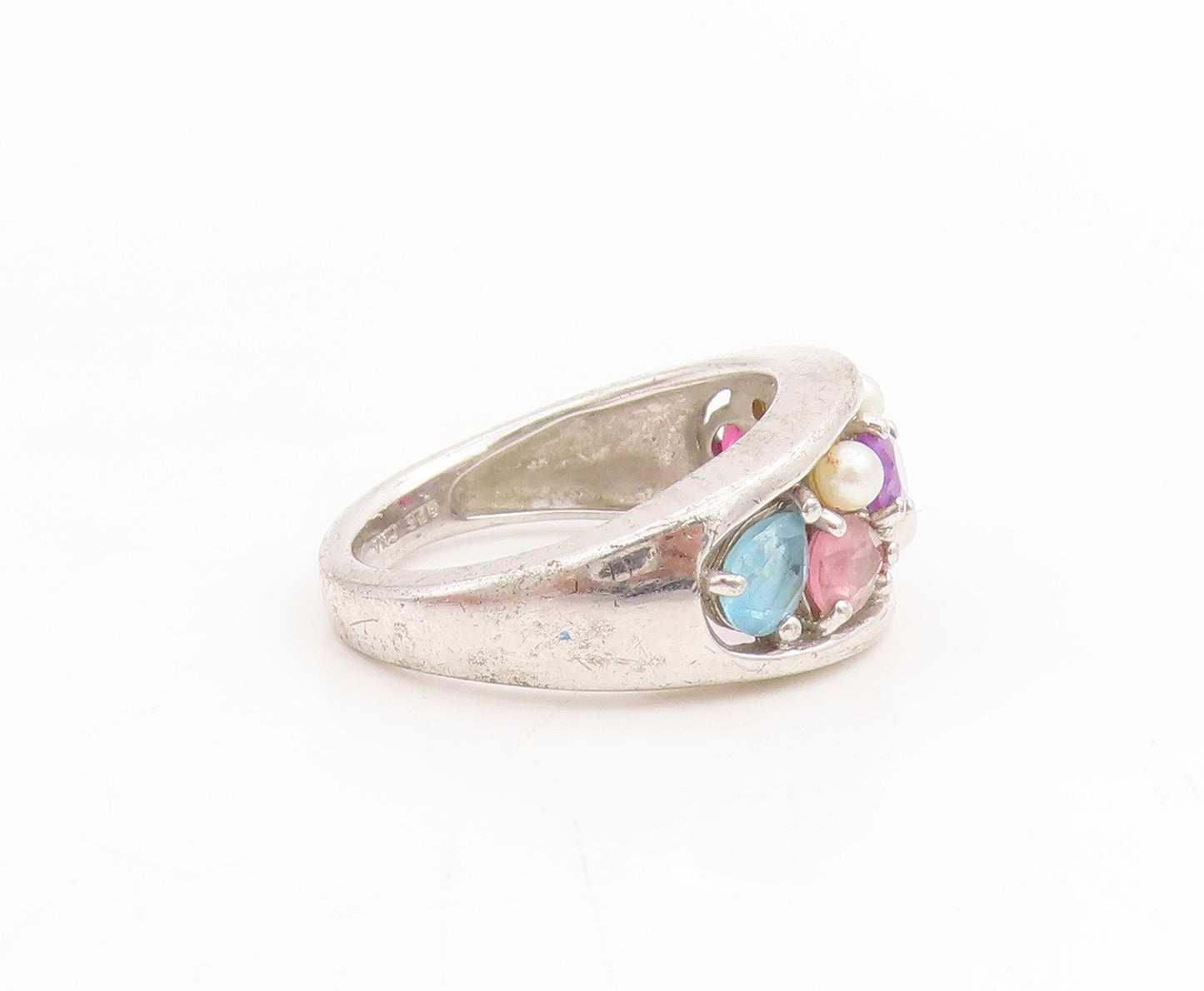 925 Sterling Silver Vintage Ring Multi Gemstone Cluster Band  Sz 7  RG34785