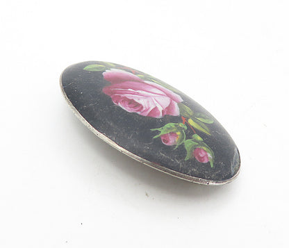 925 Sterling Silver  Vintage Enamel Rose Flower Art Oval Brooch Pin  BP3003