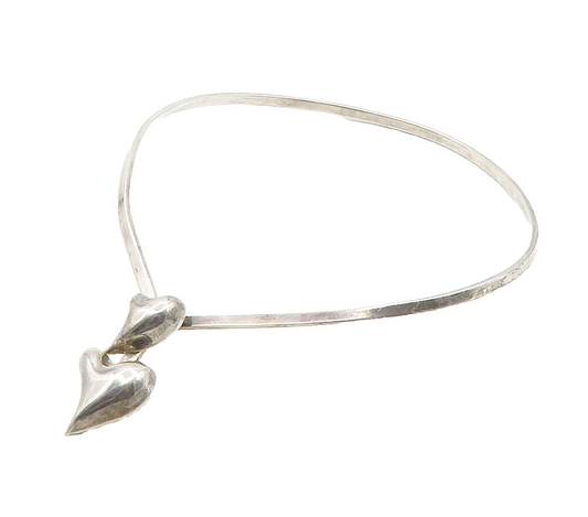 MEXICO 925 Sterling Silver  Vintage Smooth Love Heart Collar Necklace  NE2550