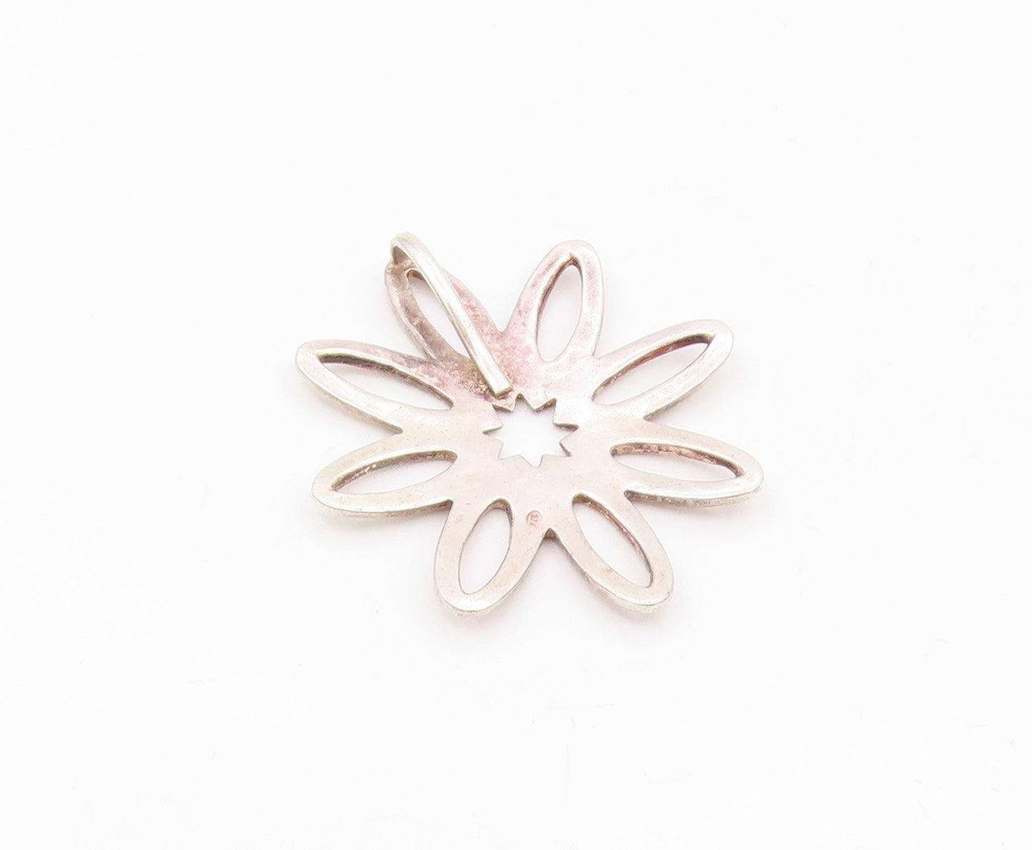 925 Sterling Silver  Vintage Shiny Etched Open Flower Motif Pendant  PT18960