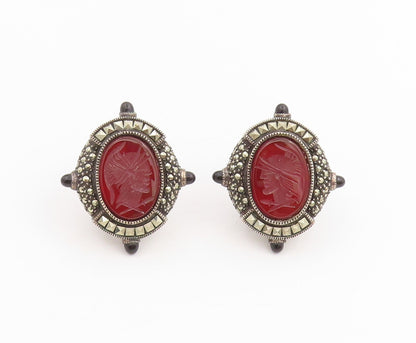925 Sterling Silver Vintage Earrings JUDITH JACK Carved Carnelian Cuffs  EG13716