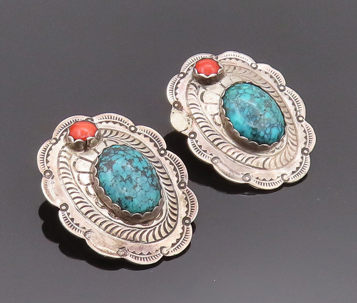 925 Sterling Silver Earrings NAVAJO Turquoise & Carnelian Swirly Etched  EG12847