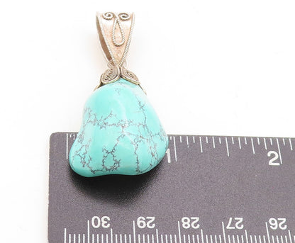 925 Sterling Silver Vintage Pendant Modernist Amorphas Shape Turquoise  PT23854