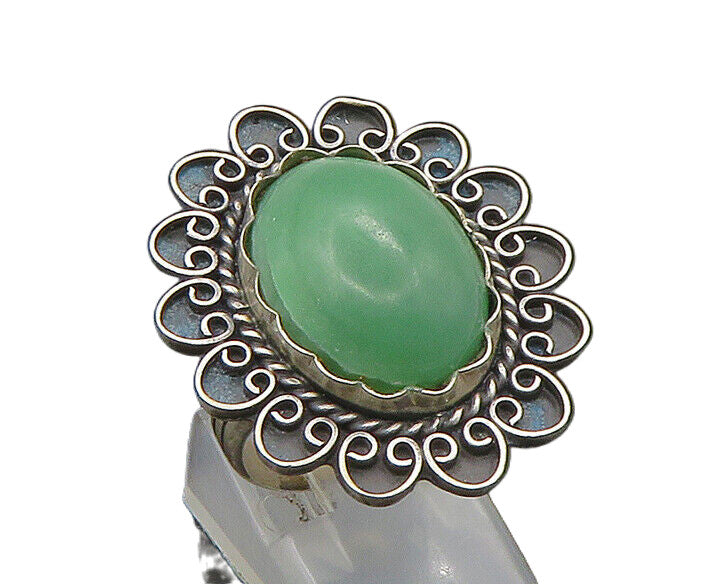 MEXICO 925 Silver  Vintage Green Jasper Floral Cocktail Ring Sz 8  RG23313