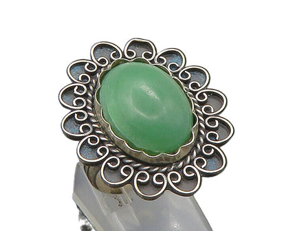 MEXICO 925 Silver  Vintage Green Jasper Floral Cocktail Ring Sz 8  RG23313