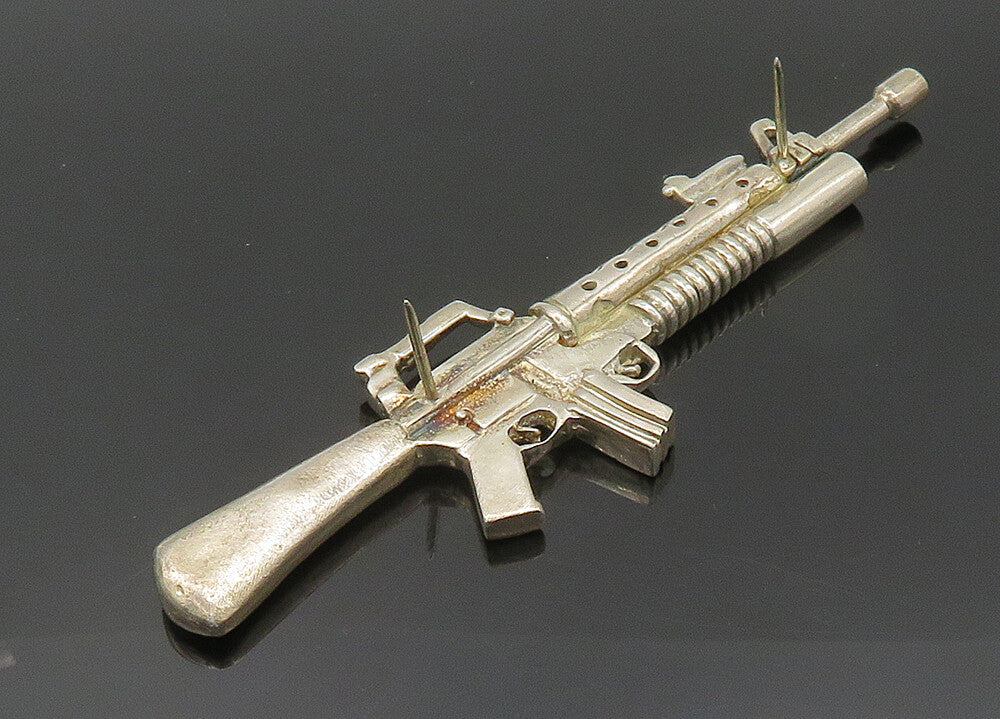 925 Sterling Silver  Vintage Shiny Heavy Machine Gun Pin  TR2852