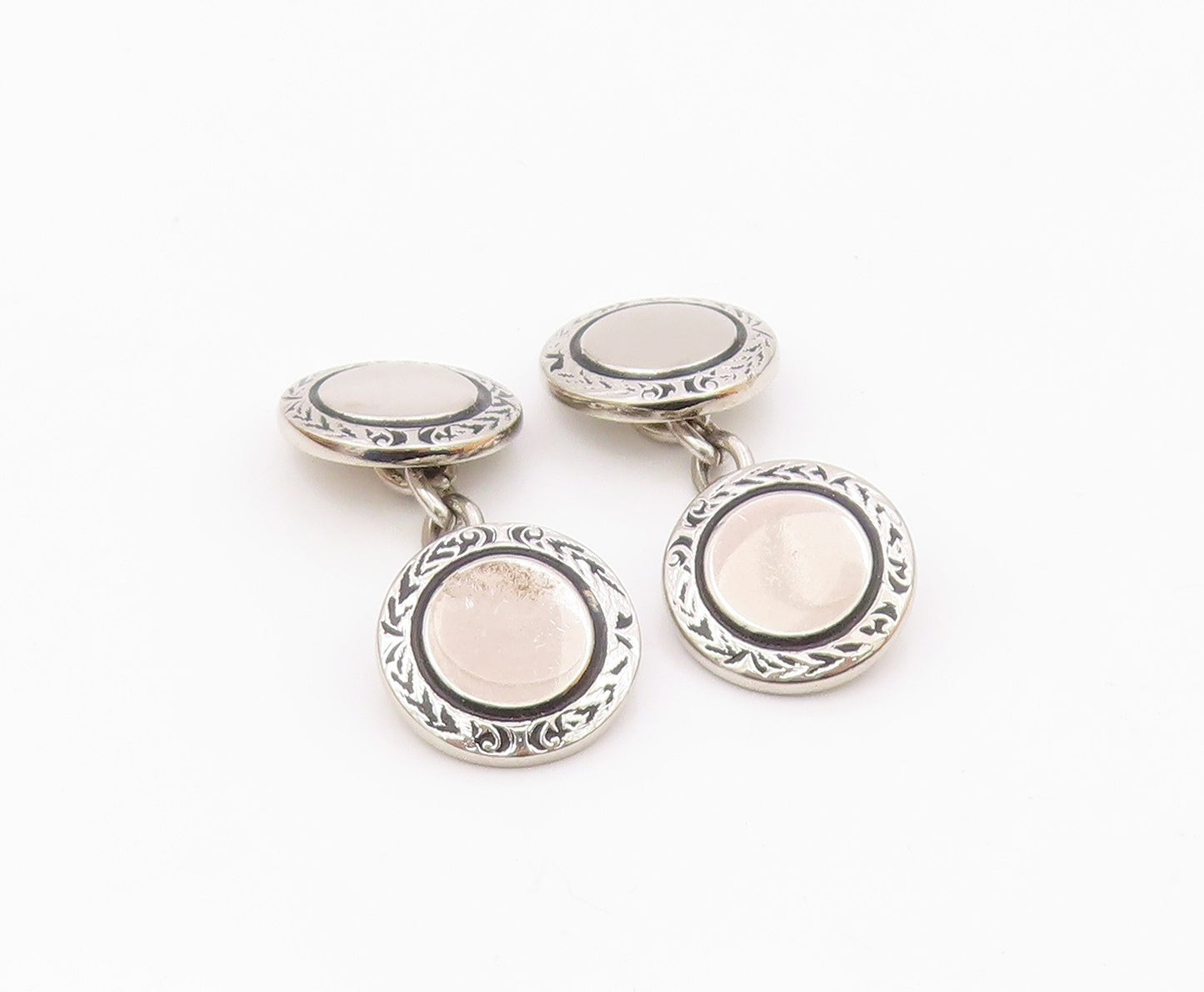 925 Sterling Silver  Vintage Shiny Etched Border Round Cuff Links  TR2102