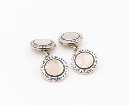 925 Sterling Silver  Vintage Shiny Etched Border Round Cuff Links  TR2102