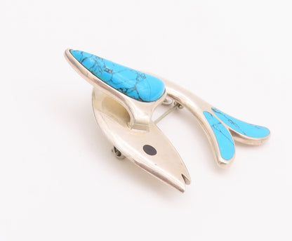 925 Sterling Silver Vintage Brooch Pin MEXICO Diving Turquoise Dolphin  BP10742