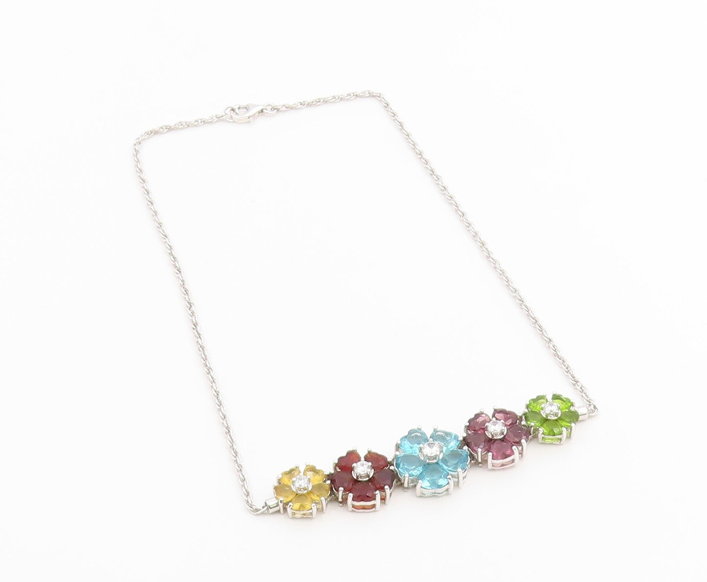 925 Sterling Silver Vintage Necklace Multi Gemstone Elegant Floral Chain  NE4897