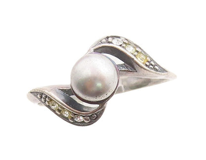 925 Sterling Silver Vintage Ring Designer Swirly Cut Topaz Inlay  Sz 8  RG31183
